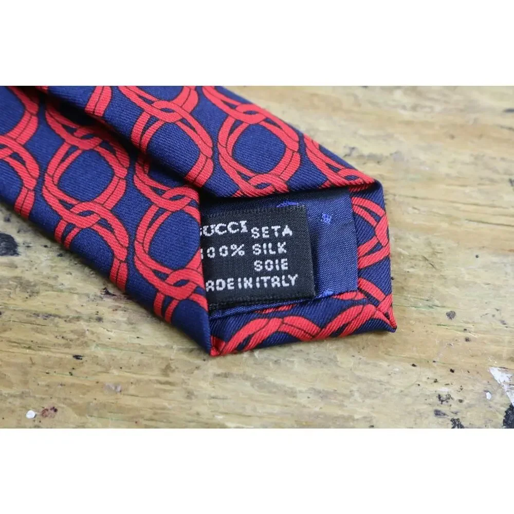 Gucci Silk Tie Mens Red Blue Chain Link Pattern Wide Italy Vintage NO BOX